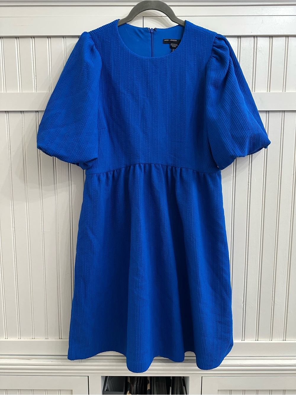 Maggy London Seersucker Puff Sleeve Empire Waist Dress Cobalt Blue Size 10